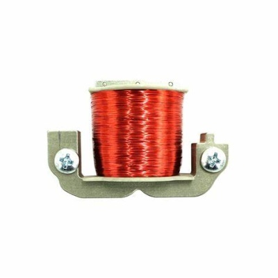 Bobina de fio de cobre esmaltado num suporte metálico com parafusos