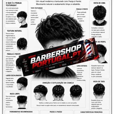 Guia de corte masculino para franja texturada com imagens e texto explicativo em português