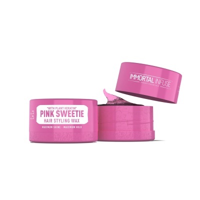 Pote rosa de cera para cabelo PINK SWEETIE aberto com tampa flutuante e cera visível