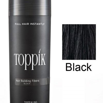 Frasco preto de fibras capilares Toppik com amostra de fibras pretas e texto