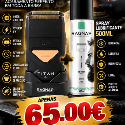 Pack profissional de aparador de barba preto e spray lubrificante branco Ragnar Barber Line, promocional com preço e especificações.
