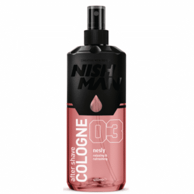 Frasco de colónia after shave NISH MAN preto e rosa com texto