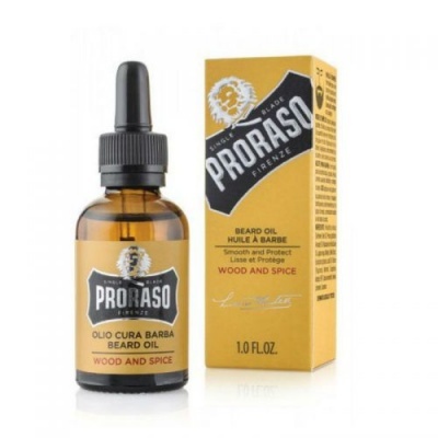 Óleo para barba Proraso Wood and Spice em vidro âmbar e caixa amarela