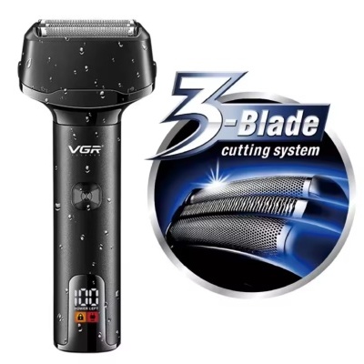 Aparelho de barbear elétrico preto com visor digital e 3 lâminas destacado