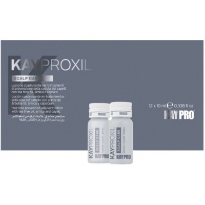 Ampolas pequenas brancas do produto KAYPRO KAYPROXIL SCALP CARE com texto contra fundo cinza azulado