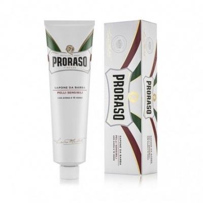 Tubo e caixa branca de sabonete para barbear Proraso com detalhes verdes e vermelhos