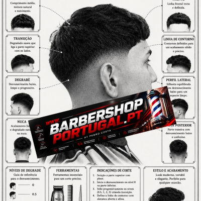 Guia ilustrada de corte masculino Low Fade mostrando diferentes ângulos e partes do cabelo com texto explicativo em português.