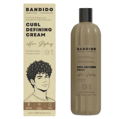Creme para definição de caracóis Bandido Original Series com embalagem amarela e castanha e ilustração de homem com cabelo cacheado