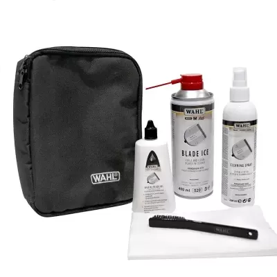 Kit de manutenção Wahl com bolsa preta, óleo, spray Blade Ice, spray de limpeza, escova e pano branco