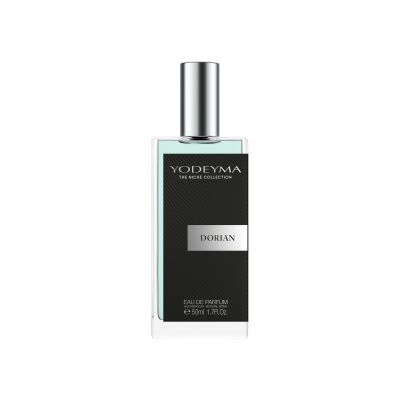 Frasco de perfume Yodeyma Dorian com líquido azul claro e etiqueta preta.
