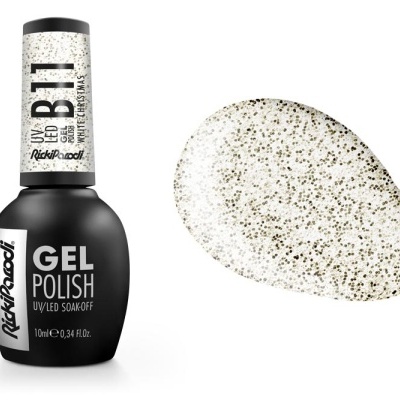 Esmalte de unhas em gel preto com tampa branca e amostra da cor com partículas pretas