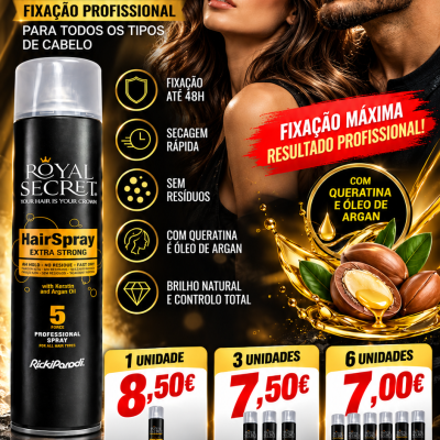 Publicidade de spray de cabelo Royal Secret Forte da RickiParodi com descrição do produto, preços e modelo masculino e feminino em fundo escuro.