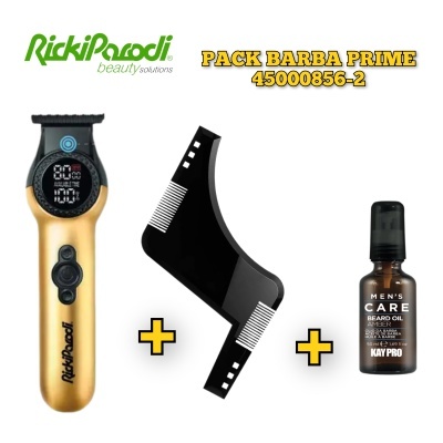 Pack para barba PRIME com aparador elétrico dourado, pente de barbear preto e óleo para barba em frasco de 50 ml
