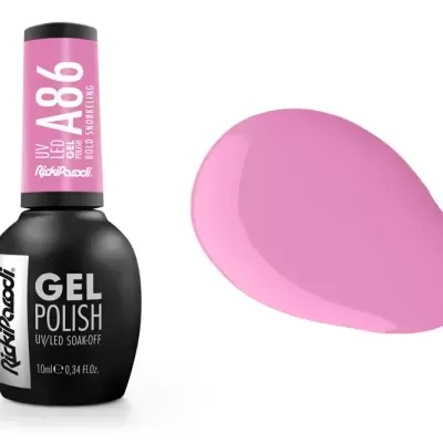 Esmalte gel de unhas rosa com frasco preto e tampa rosa