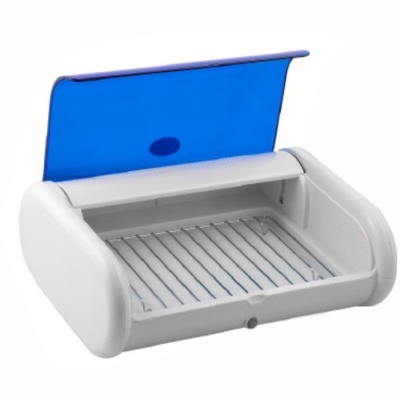 Esterilizador portátil branco com tampa azul levantada