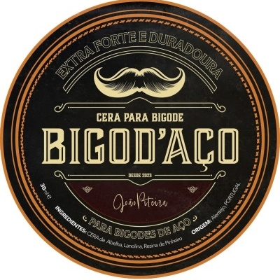 Rótulo de cera para bigode BIGOD'AÇO com desenho de bigode e texto em português