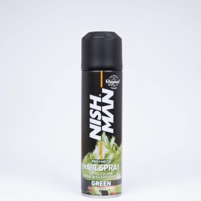 Spray de cabelo NISH MAN com embalagem preta e detalhes verdes e brancos