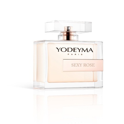 Frasco de perfume YODEYMA SEXY ROSE transparente com líquido rosa claro