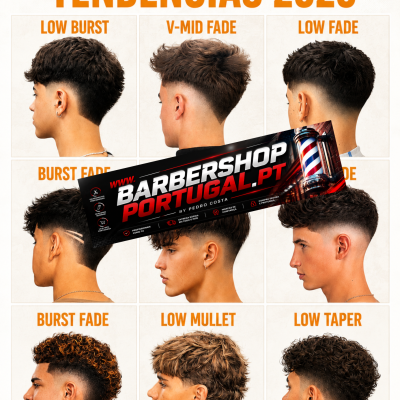 Modelos de cortes de cabelo masculinos para 2026, com nomes e diferentes estilos, apresentados em fundo branco com texto em preto e laranja.