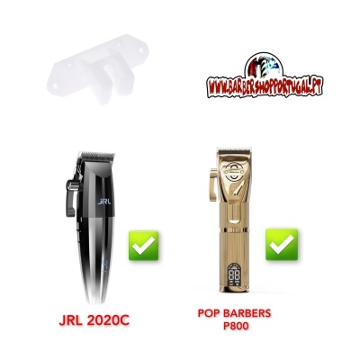 Dois modelos de máquinas de cortar cabelo com marcas JRL 2020C e POP BARBERS P800 e peça de plástico branca