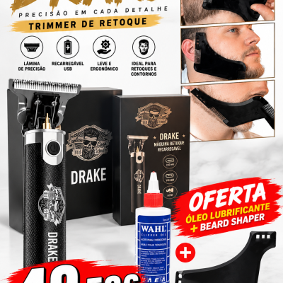 Aparador de barba preto Captain Cook Drake com óleo lubrificante e beard shaper e preço promocional.
