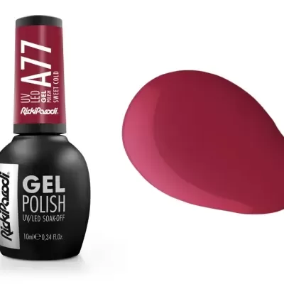 Frasco de verniz gel preto e vermelho com amostra de cor vermelha escura