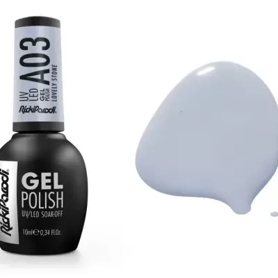 Frasco de verniz gel preto com tampa cinza e mancha de verniz cinza claro