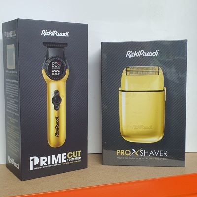 Embalagens de aparador de cabelo e aparador elétrico amarelos da marca RickiParodi