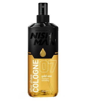 Frasco spray after shave NISHMAN COLOGNE 07 gold one 400 ml preto e amarelo