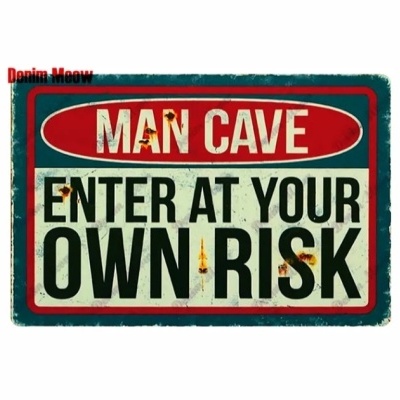 Placa decorativa vintage de metal com texto MAN CAVE ENTER AT YOUR OWN RISK