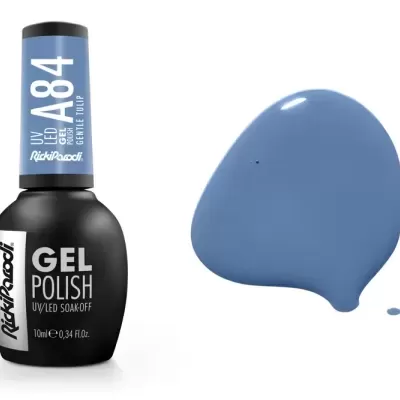 Esmalte de gel azul claro RickiParodi com código A84 e amostra de cor
