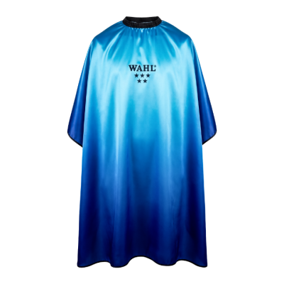 Penteador de cabelo azul com gola preta e marca WAHL central