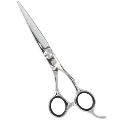 Tesoura de corte de cabelo em metal prateado com argolas pretas