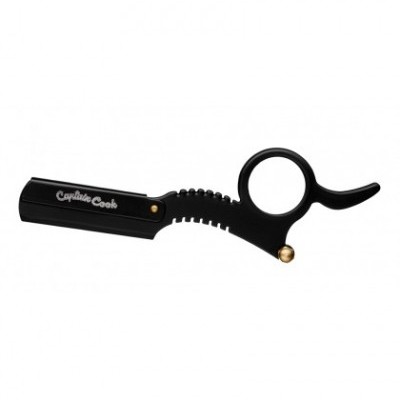 Navalha de barbear preta com detalhes dourados e texto 'Cuystudio Cook'