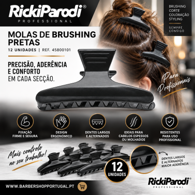 Molas de brushing pretas RickiParodi Professional com 12 unidades e detalhes do design e uso profissional.