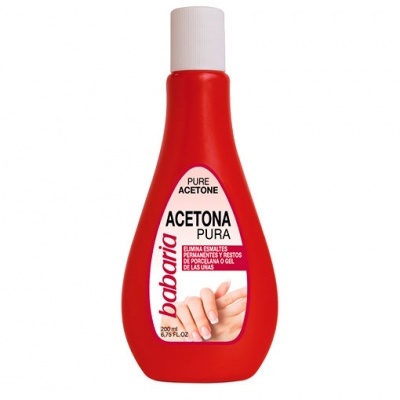 Frasco vermelho de acetona Babaria com tampa branca e rótulo com texto e imagem de unhas
