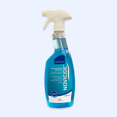 Frasco de spray desinfetante NOVOCAIDE azul e branco