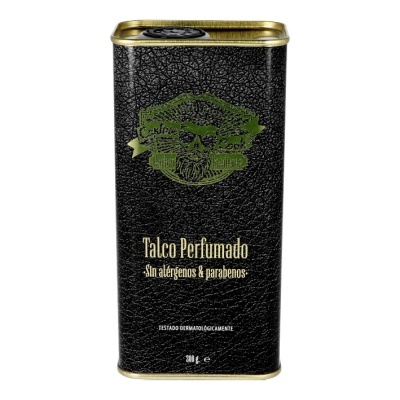 Lata preta texturizada de Talco Perfumado sem alérgenos, tampa dourada