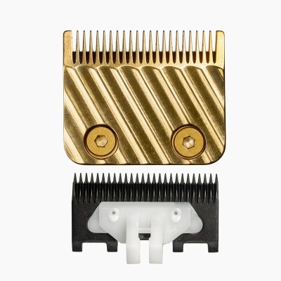 Duas lâminas de corte para máquina de barbear, metal dourado e plástico preto e branco