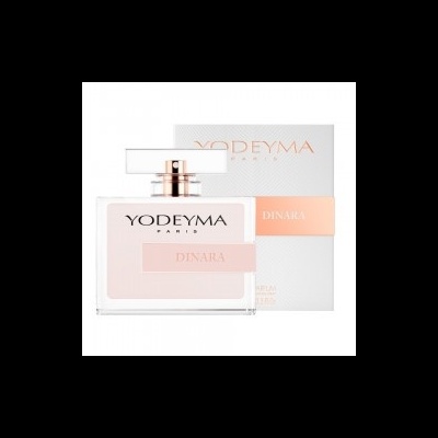 Frasco de perfume YODEYMA DINARA com caixa branca ao fundo