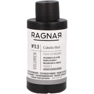 Frasco preto de pó texturizante para cabelo RAGNAR Nº3.3 com rótulo branco