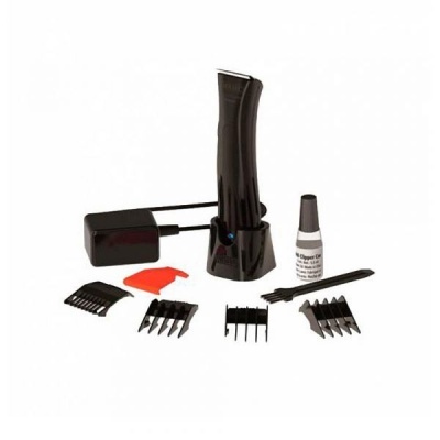 Aparelho de cortar cabelo preto com acessórios e base de carregamento em fundo branco