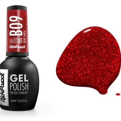 Esmalte em gel vermelho brilhante Rich Proof B09 com embalagem preta e tampa vermelha glitter