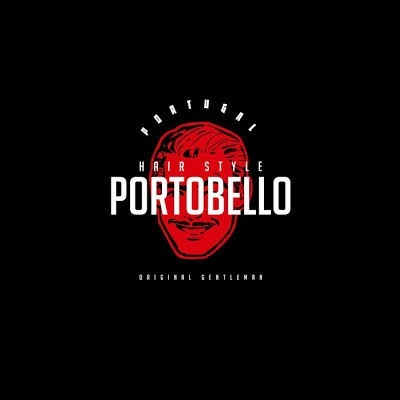 Logótipo PORTUGAL HAIR STYLE PORTOBELLO com rosto masculino vermelho em fundo preto