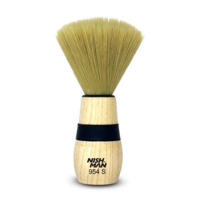 Pincel de barbear com cabo de madeira claro e cerdas amarelas