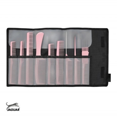 Conjunto de pentes de plástico rosa em bolsa preta organizada