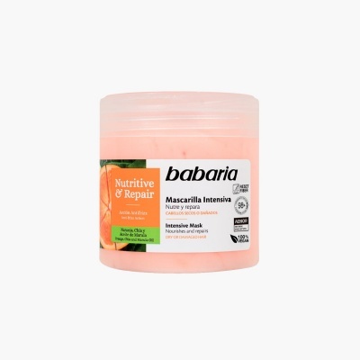 Máscara capilar Babaria Nutritive & Repair embalagem rosa com rótulo branco e laranja