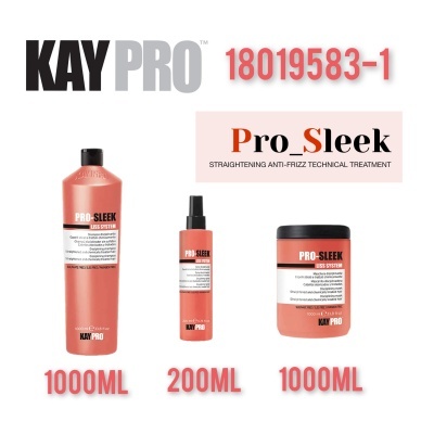 Três produtos KayPro Pro_Sleek em frascos cor salmão com tampas pretas