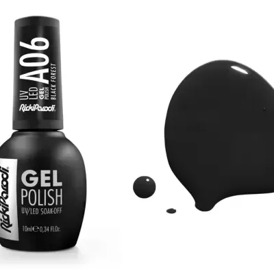 Frasco de verniz gel preto Rick Parodi com gotas de verniz ao lado