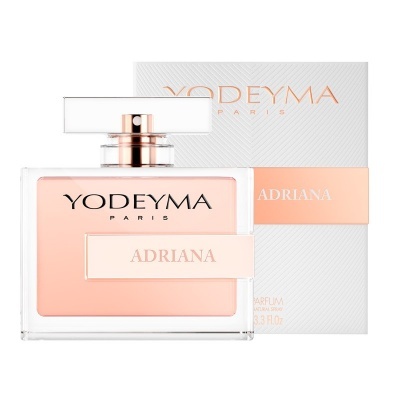Perfume Yodeyma Paris Adriana com líquido cor de pêssego e embalagem branca.